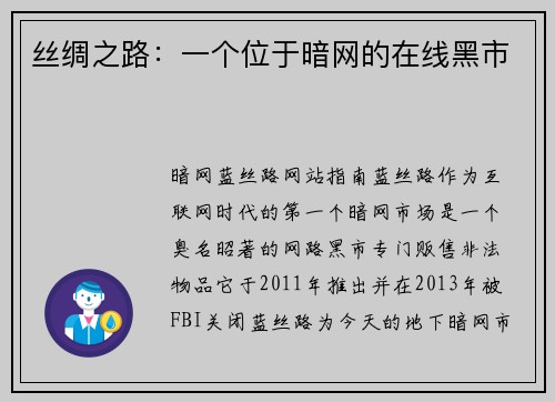 丝绸之路：一个位于暗网的在线黑市